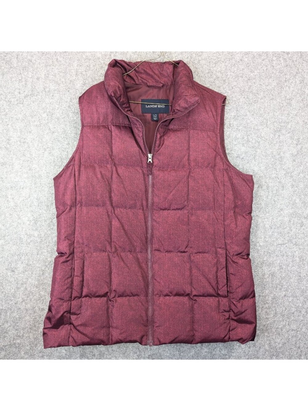 Lands End Womens Large L/T 14-16 Puffer Vest Burgundy Quilted Down Insulated Zip